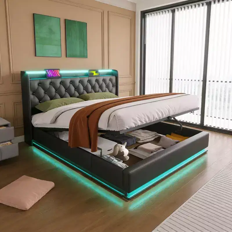 Luxystar Queen Size Upholstered Bed With Hydraulic Storage, RGB Lights, USB and Type-C Ports