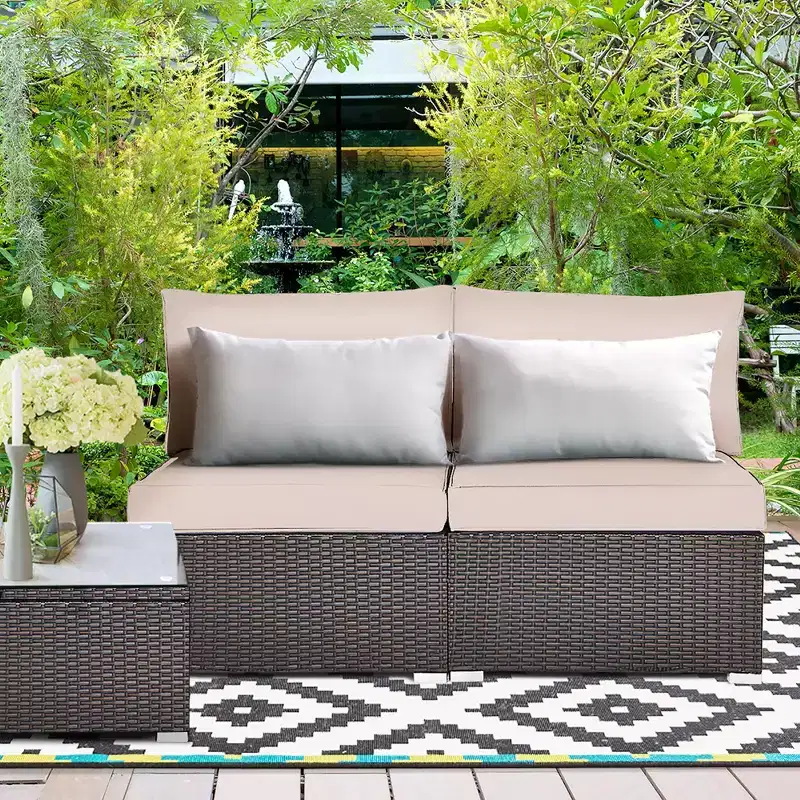 Costway 2PCS Patio Rattan Armless Sofa Sectional Conversation Furniture Set W/Cushion