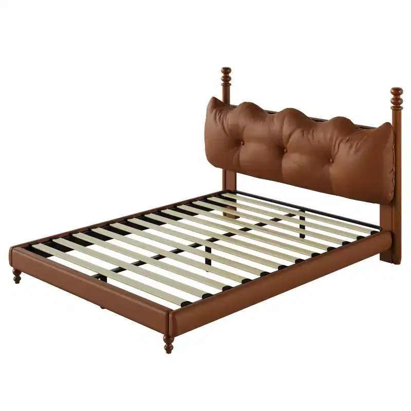 Queen/King Bed Frame PU Leather Platform Bed with Button-Tufted Wave Headboard, Mid-Century Modern & Vintage, Coffee - ModernLuxe