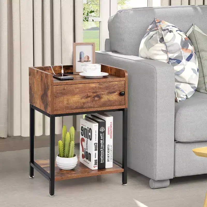 Costway 2PCS Nightstand W/ Charging Station Sofa Side Table Storage Cabinet End Table