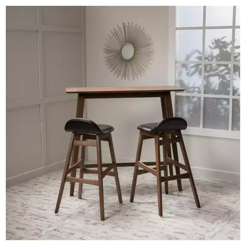 Christopher Knight Home 3pc Moria 42" Bar Height Dining Set Natural Walnut: Scandinavian Style, Faux Leather Stools