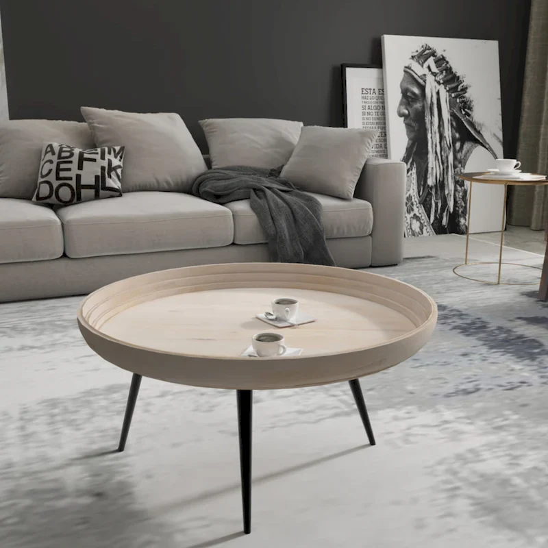 30-Inch Round Tray Top Coffee Table, Handcrafted Mango Wood, Washed White