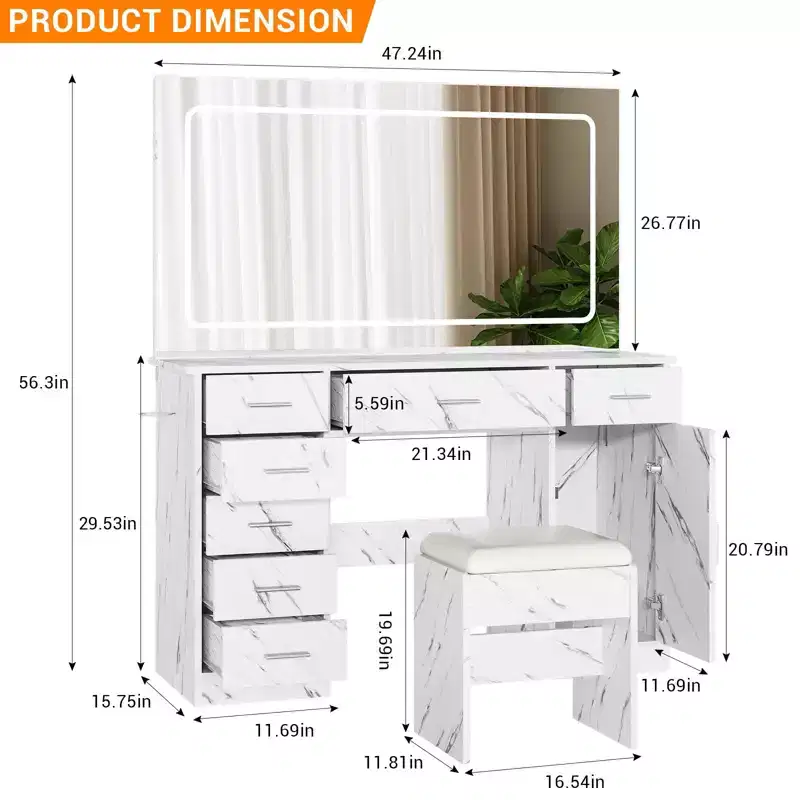 Makeup Vanity Desk with Mirror and Lights, 47W Dressing Table with 7 Drawers & Power Outlet, Vanity Desk Set with Stool for Bedroom, Marble White