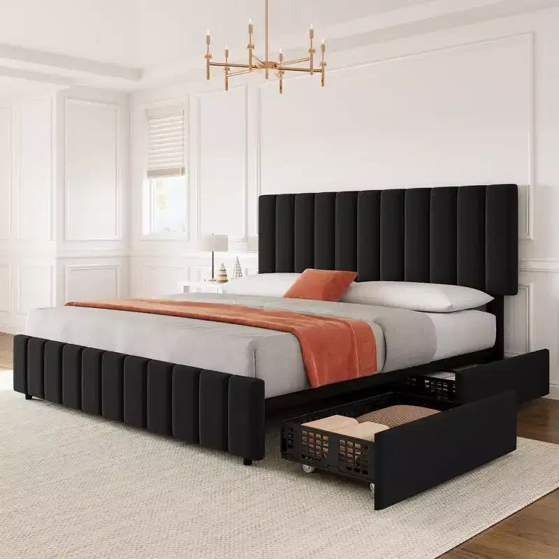 Bed Frame with 4 Storage Drawers, Linen Upholstered Platform Bed Frame, Adjustable Height Headboard, No Box Spring Needed