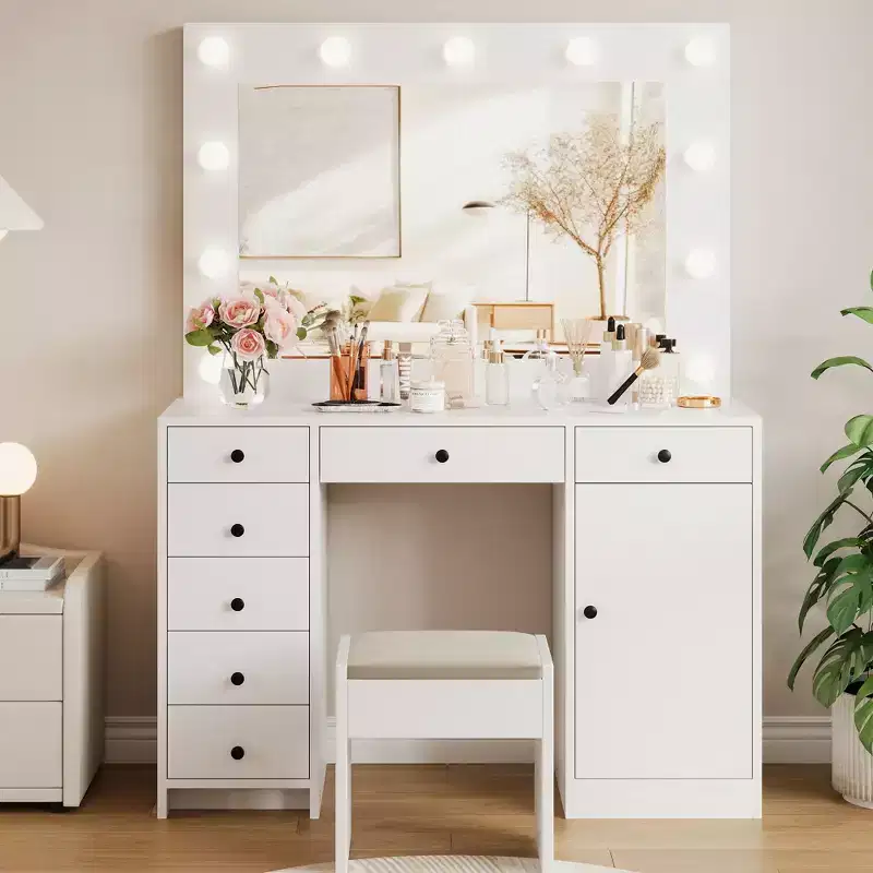 White Vanity Desk with Mirror & Lights, Modern Makeup Table with Charging Station & Drawers, Wooden Storage Vanity for Bedroom