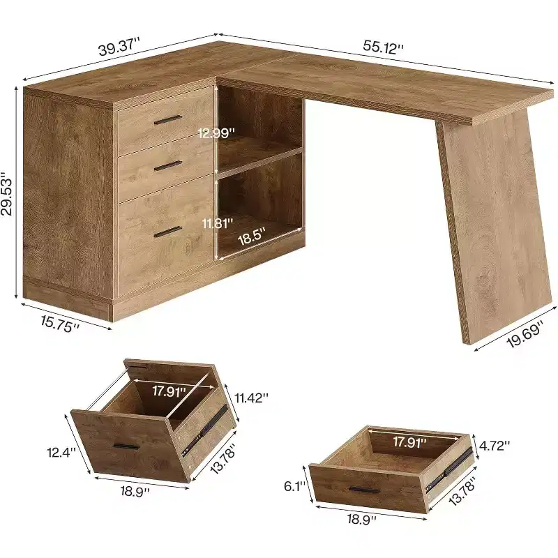 Lantine 55-Inch L-Shaped Computer Desk with 3 Drawers, Corner Home Office Desk with Storage Shelves for Work Writing, Gaming, Farmhouse Brown