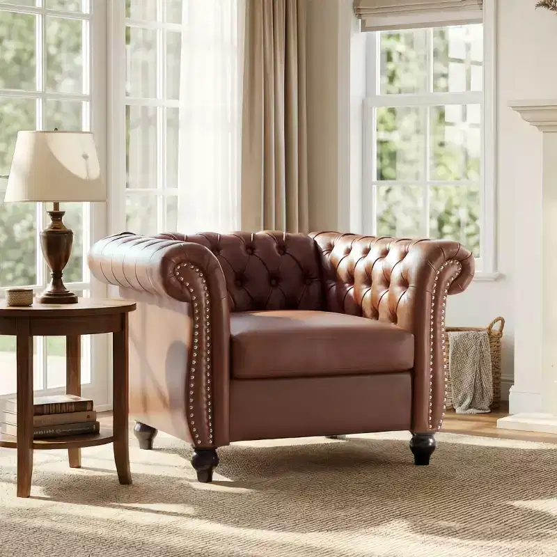 Vintage Chesterfield Accent Chair with PU Upholstery and Scrolled Arms, Solid Wood Legs, Single Seat Sofa for Living Room or Office-Panipeachy