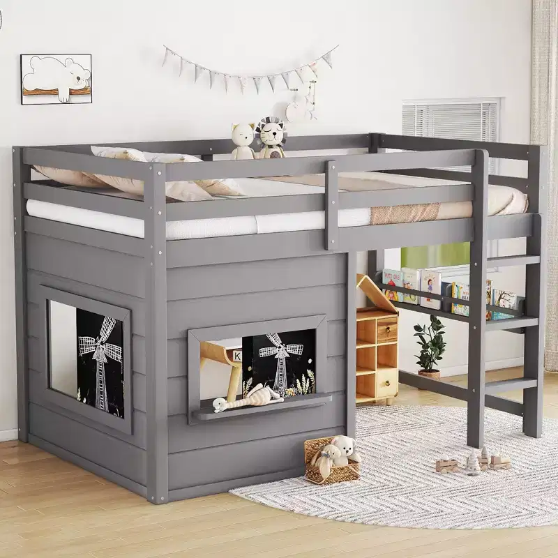 Kids Loft House Bed with Chalkboard | Twin/Full Wood Bed Frame with Play Space & Built-in Bookshelf | Cabin-Style Bunk for Boys & Girls