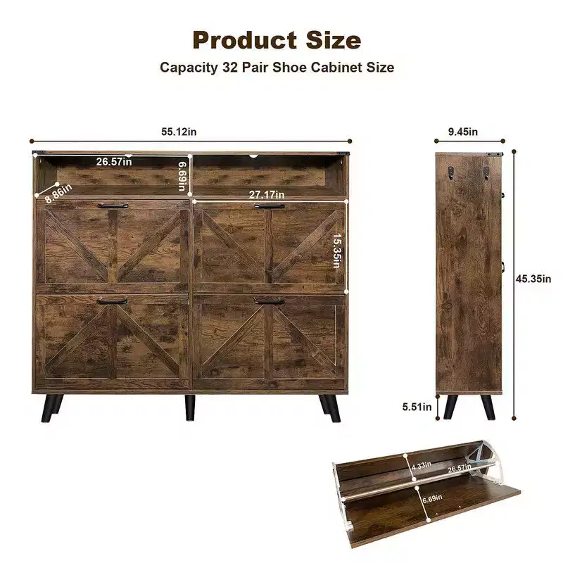 Farmhouse Shoe Storage Cabinet with 4 Flip Drawers and Open Storage, Freestanding Narrow Shoe Rack for Entryway, Hallway