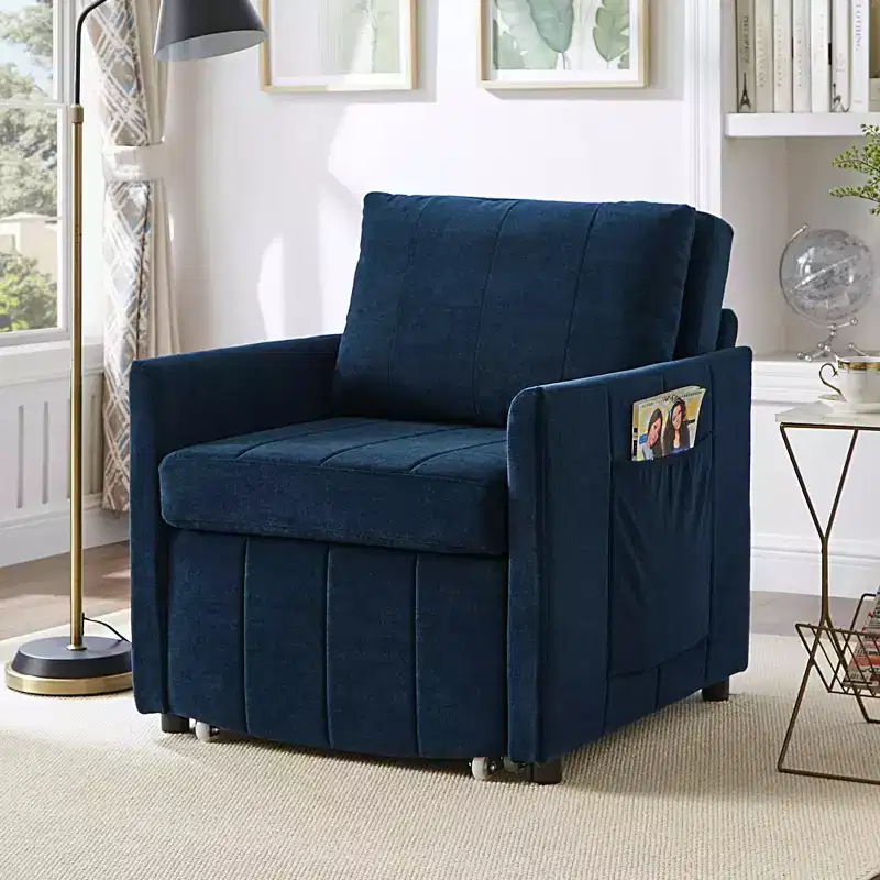 MAYEERTY Uphlostered Convertible Sleeper Sofa Sode Pockets and Storage Basket for Living Room Blue