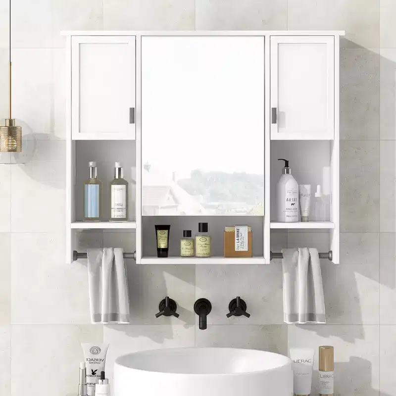 28.7-Inch Wall Mounted Bathroom Mirror Cabinet with Concealed Storage and 6 Open Shelves, White