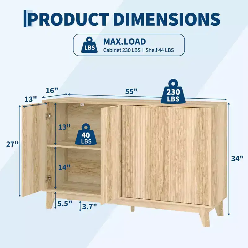 Modern Fluted TV Stand, Buffet Cabinet, 4 Doors, Entertainment Center with Large Storage Cabinets, for Bedroom, Kitchen, Coffee Bar