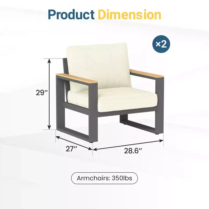 Heynemo Aluminum Outdoor Armchair, 2 Pieces All-Weather Metal Patio Single Sofa, Patio Conversation Set for Porch Backyard Garden, Beige