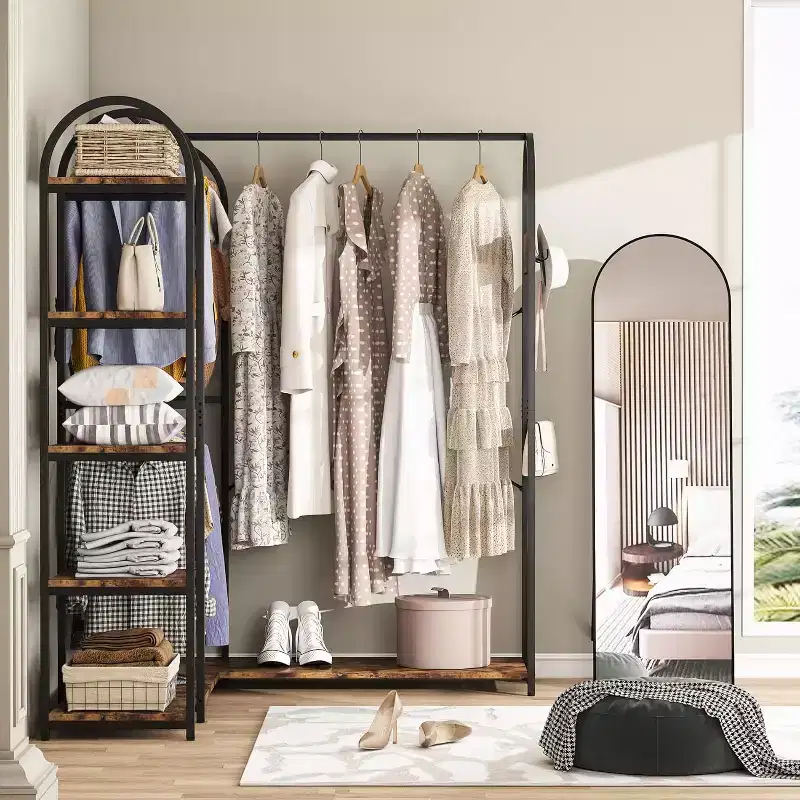 Lantine L-Shaped Garment Rack with Shelves, Heavy Duty Corner Clothes Rack with Coat Hooks for Hanging Clothes, Rustic Brown