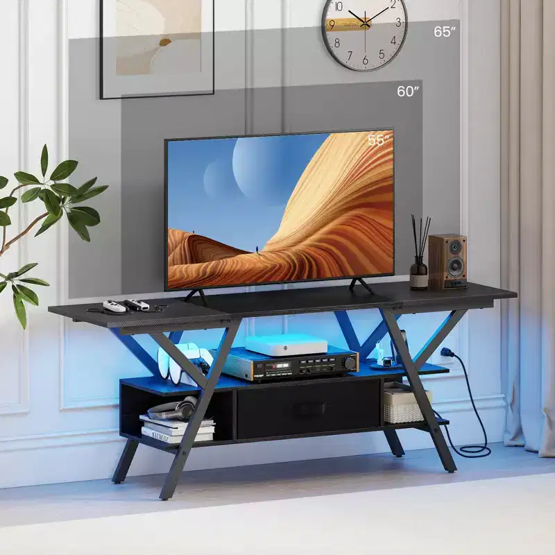 3-Tier TV Stand with Power Outlets for 65 TVs, LED Lights & Remote Storage Shelves Black/Brown