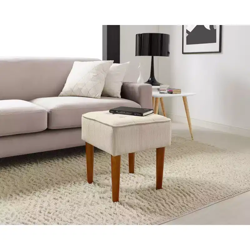 Square Tufted Stool, Upholstered Ottoman with Wood Legs