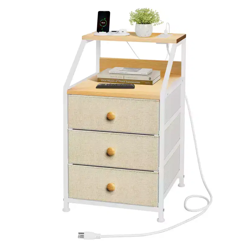 2 Shelf 3 Drawer Modern Bedroom Nightstand End Table Storage Unit Organizer with Charging Station for Bedroom, Living Room, and Office, Taupe