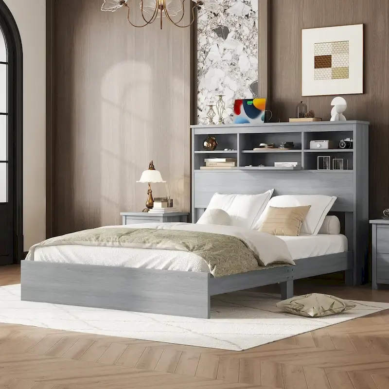 Queen Size Platform Bed with Storage Headboard and USB Ports