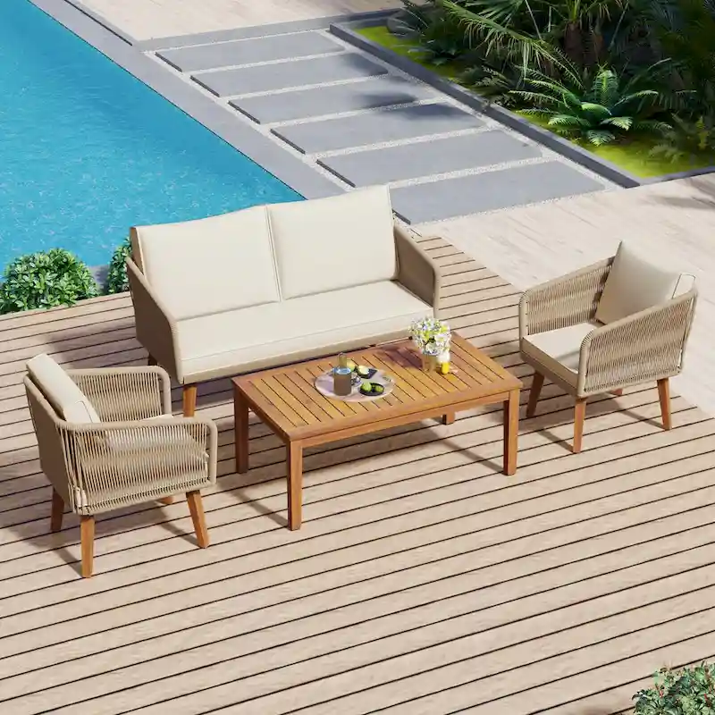 Mid-Century Modern 4-Piece Patio Set: Acacia Wood Loveseat, Chairs & Table