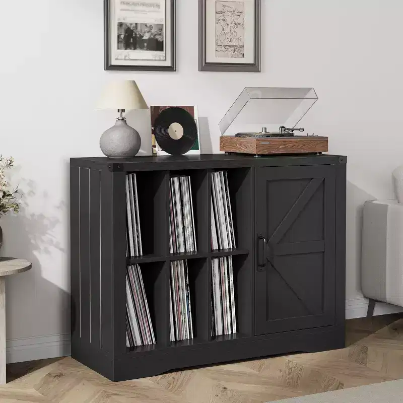 Acekool Farmhouse Record Player Stand, Black Barn Door Vinyl Storage Cabinet Holds 750 Albums, Media Console for Living Room