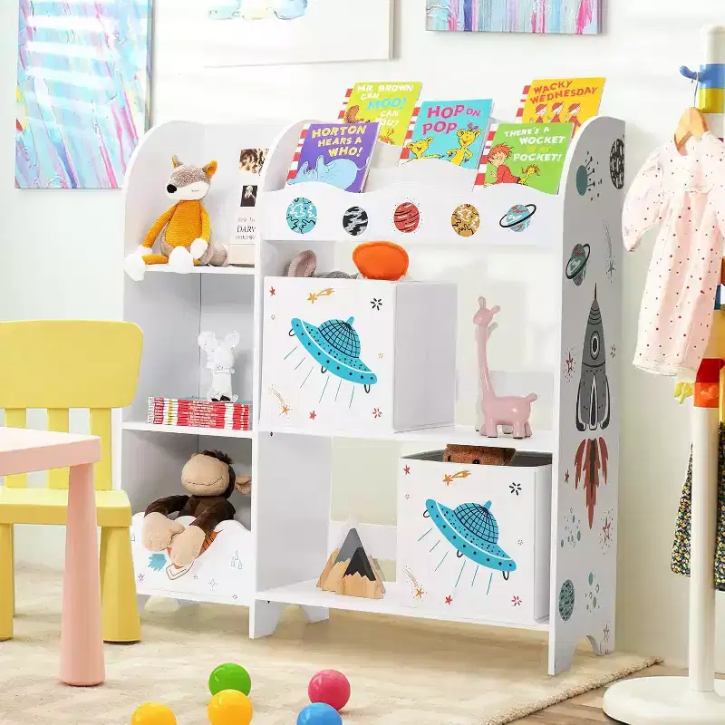Kids Toy Storage Organizer - Wooden Unit with 2 Storage Boxes Ideal Toddler Storage