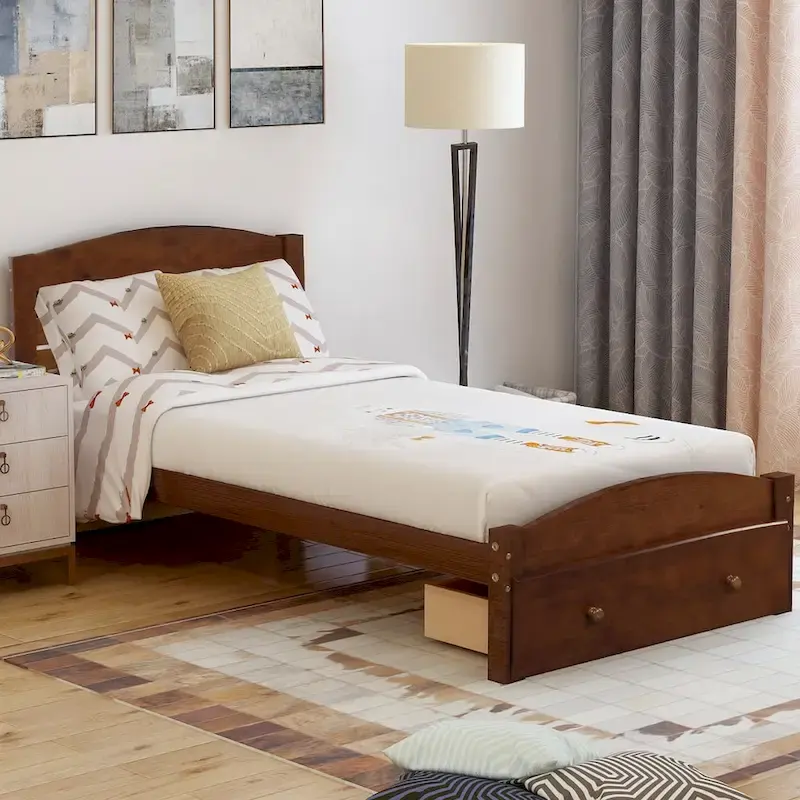 Twin Platform Bed Frame with Storage Drawer | Espresso, White, Walnut, Gray