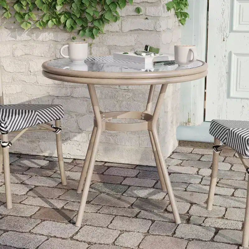 Flash Furniture Marseille Indoor/Outdoor Commercial Bistro 31.5 Table, Textilene, Glass Top, Bamboo Print Aluminum Frame
