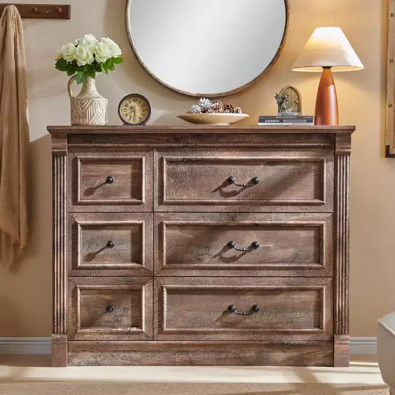 Sincido 6 Drawers Dresser for Bedroom, Farmhouse 48 Wide Dressers w/Roman Column