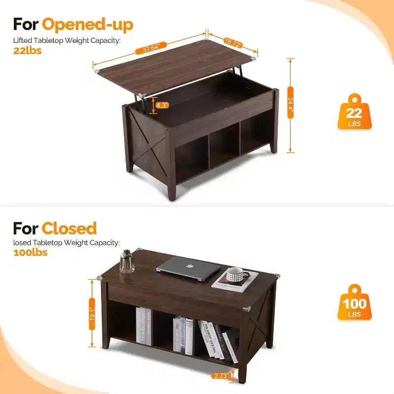 VINGLI Farmhouse Lift Top Coffee Table, Coffee Tables for Living Room with Storage Shelf/Hidden Compartment, Mesa De Centro para Sala, Rustic Brown