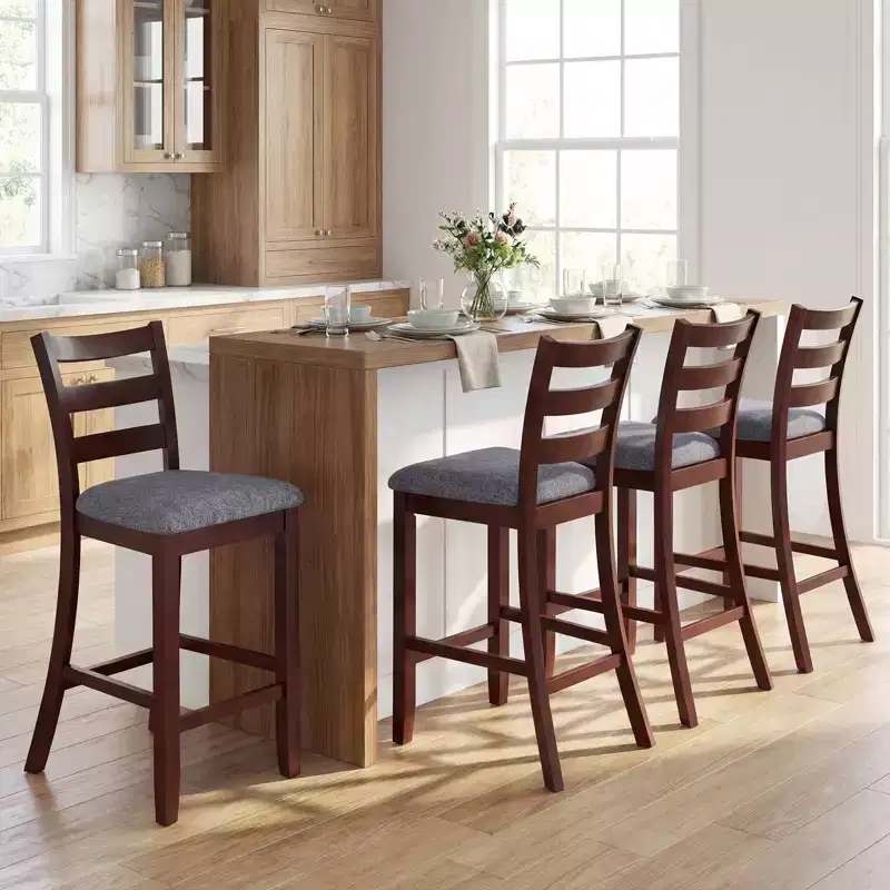 Costway Set of 4 Barstools Counter Height Chairs w/Fabric Seat & Rubber Wood Legs