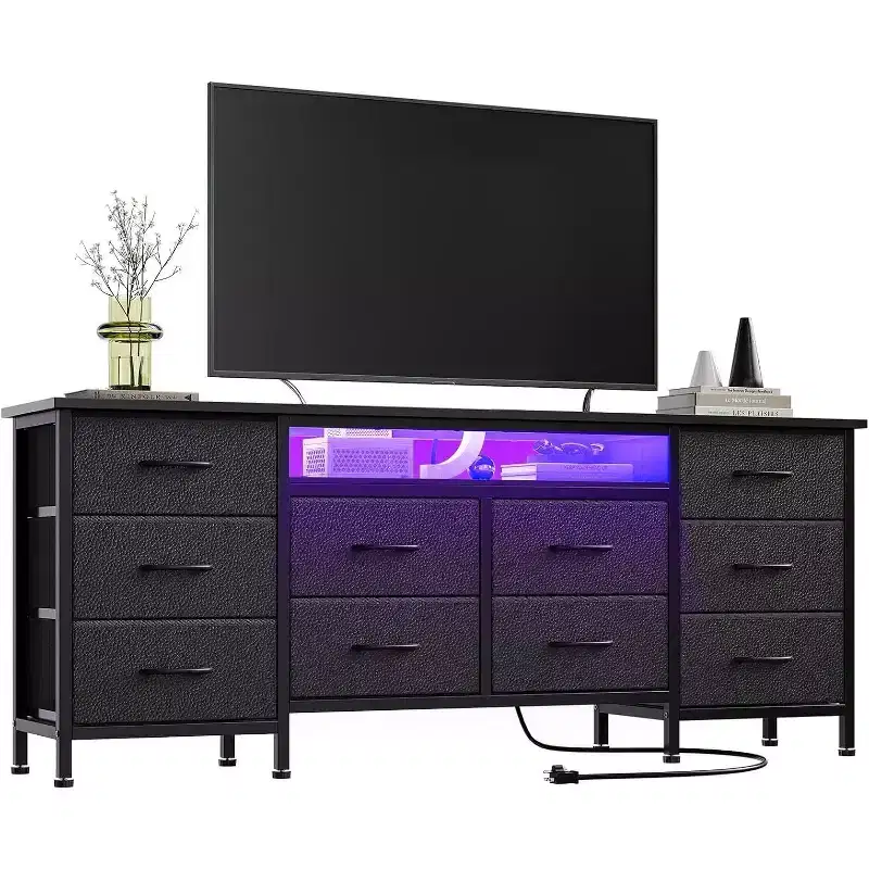 TV Stand for 65,70,75 In TV, 10 Drawer Long Dresser with Power Outlets and LED Lights, 63 Inch Entertainment Center TV Stand Dresser Storage Drawers