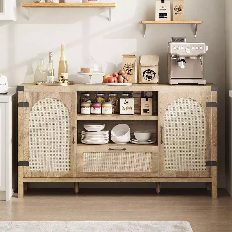 Natural Wood & Rattan Farmhouse Buffet Sideboard Cabinet for 1