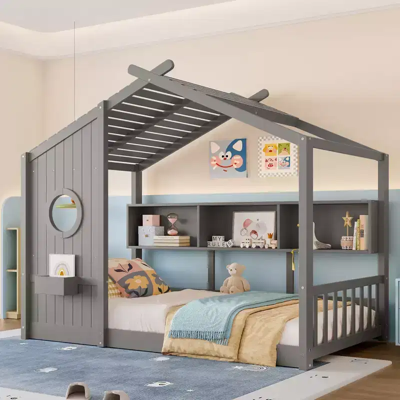 Twin Size Floor House Bed, Kids Montessori Playhouse Bed with Storage Shelf and Roof Design