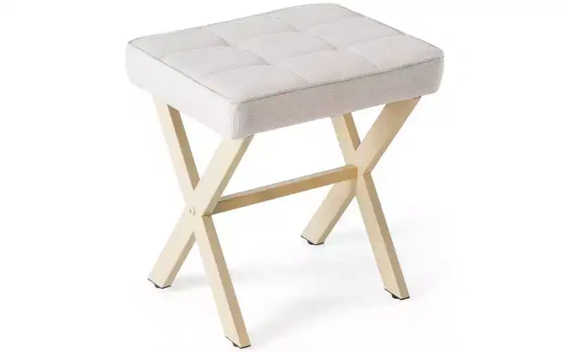 TUYOHW Modern Linen Ottoman Footstool with Metal X-Frame Legs,Small Vanity Stool with Soft Cushion Seat for Entryway,Bedroom & Living Room