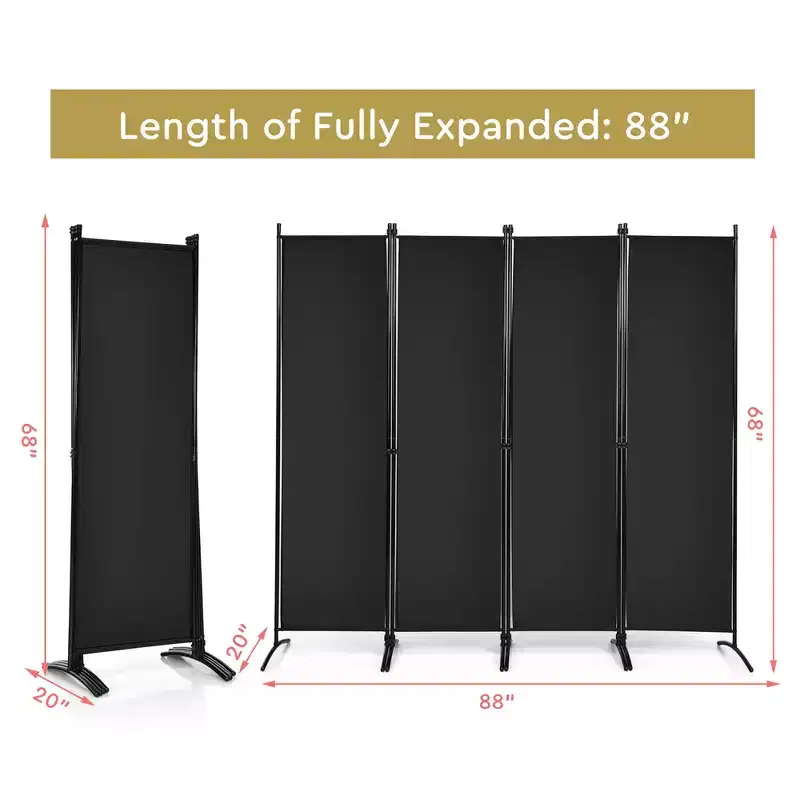 4-Panel 5.6ft Room Divider Folding Fabric Privacy Screen with Steel Frame White/Black/Brown