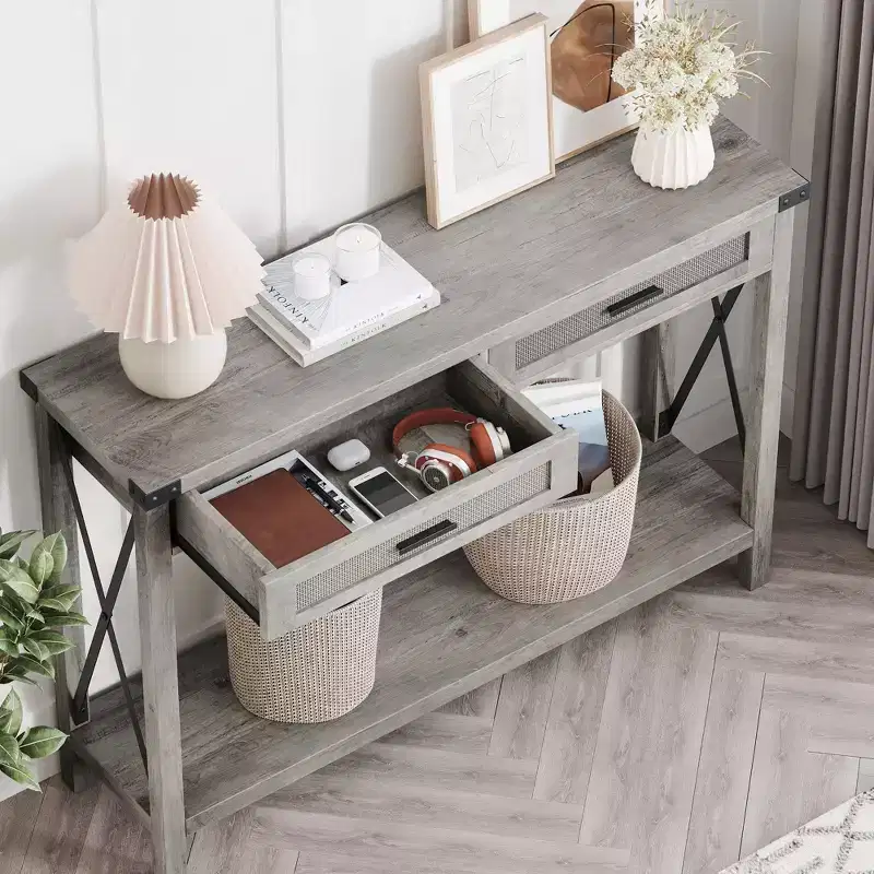 Farmhouse Entryway Table with 2 Drawers, Rataan Console Table for Entryway, Wooden Sofa Table for Living Room, Foyer, Hallway