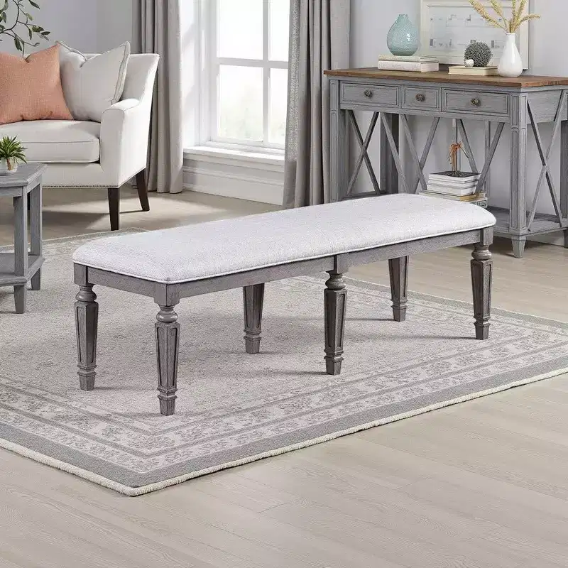 Royal Hampton Dining Bench with Turned Legs, 64 Inch Gray Wood and Fabric