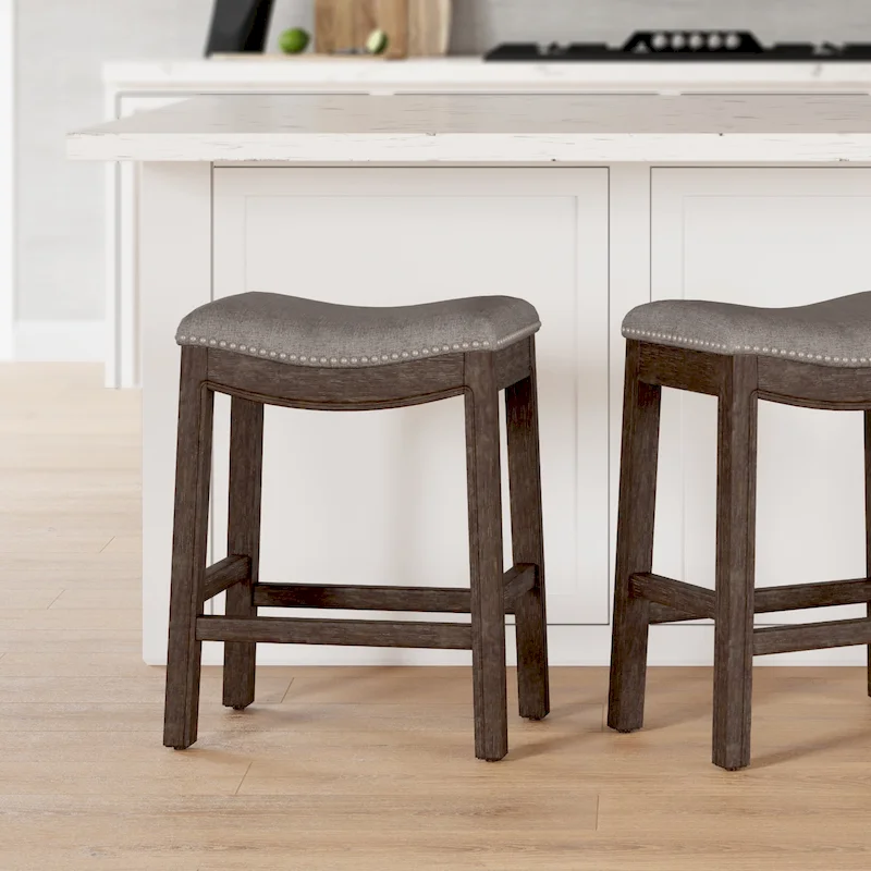 Saddle-Seat Wood Bar Stool with Upholstered Seat, Nailhead Trim