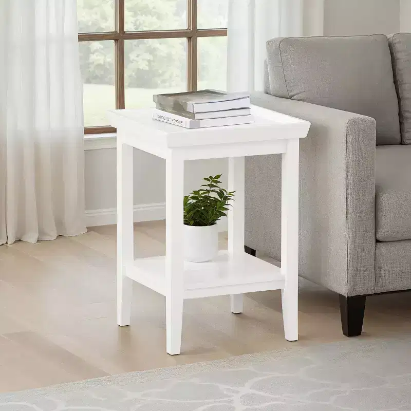 End Table with Raised Edge Tray Top and Lower Shelf, Rubberwood Accent Table for Storage, Display and Organization