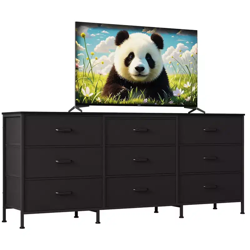 63 Wide TV Stand with 9 Fabric Drawers,Metal Frame Media Console & Storage Organizer Featuring a Wooden Top, 27 Deep for Living Room,Bedroom