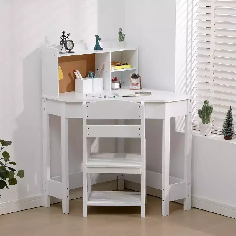 Kids Desk and Chair Set, Wooden Corner Study Table with Bookshelf, Bulletin Board, and Pen Holder, Writing Table for Boys and Girls, White