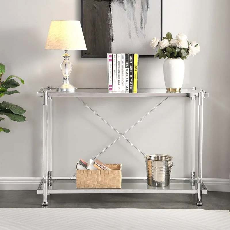 2-Tier Tempered Glass Console Table – Gold / Chrome, Steel & Acrylic Frame, Modern Style, Single