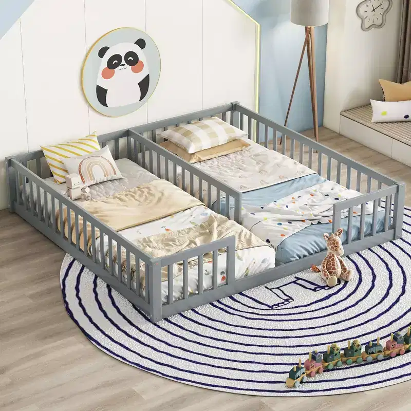TUYOHW Double Twin Size Toddler Floor Bed for Kids with Fence,Modern Montessori Bed with Guardrails for Bedroom