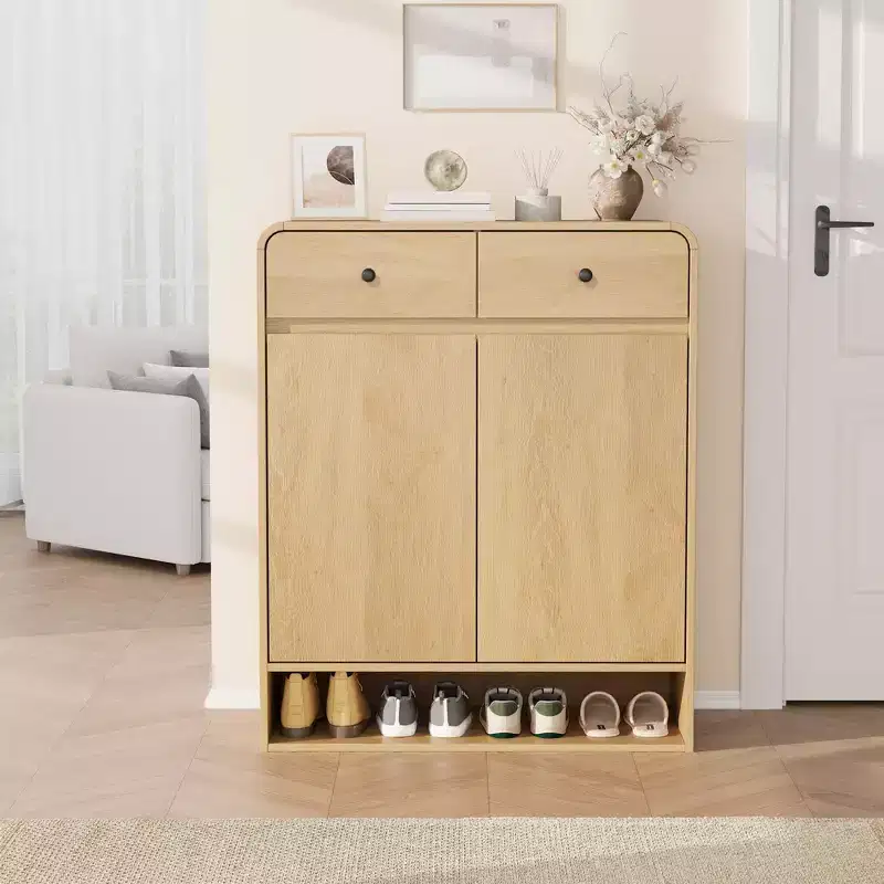 Shoe Storage Cabinet, Freestanding Entryway Organizer with Rounded Corner, Narrow Large Capacity Cabinet for Hallway, Living Room, Natural Oak