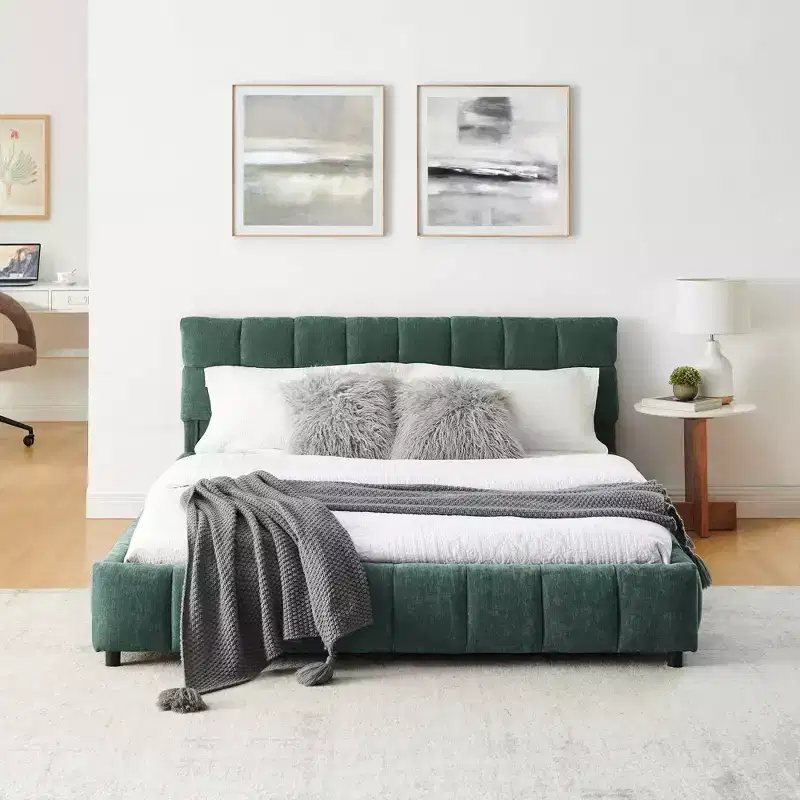 MAYEERTY Queen Size Upholstered Bed with Headboard Chenille Fabric Solid Bed Frame Drawer for Bedroom Blue Green