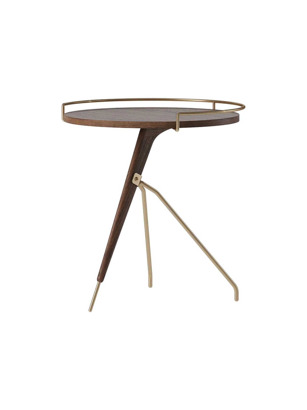 Mid-Century Modern Walnut & Brass Side Table with Tripod-Inspired Frame for Living Room & Bedroom