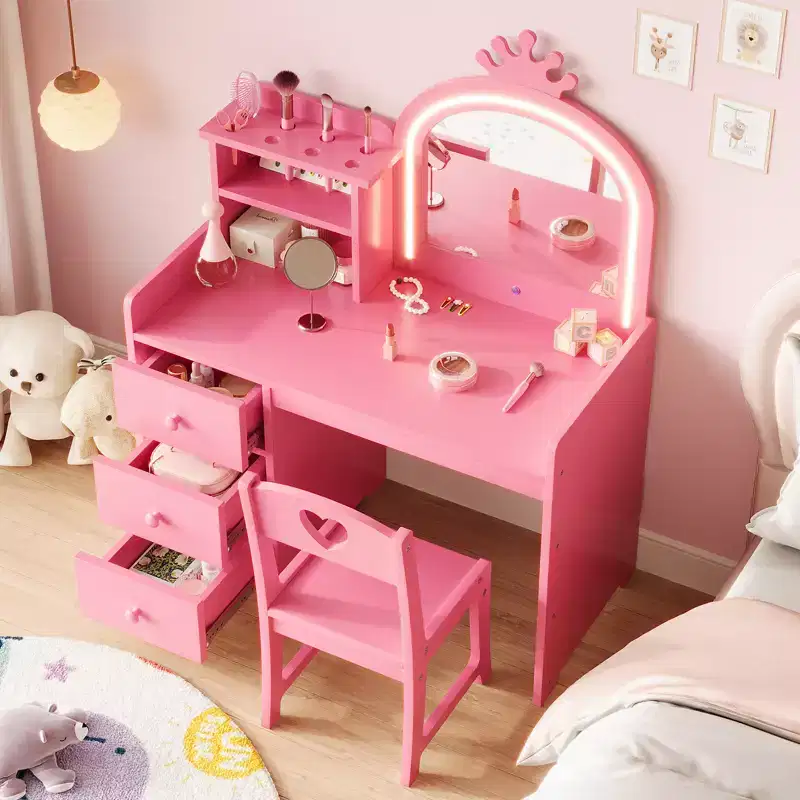Princess Kids Vanity Table Set,Lighted Mirror, 3 Drawers, Storage Shelves, Detachable Top - Wooden Makeup & Dressing Desk for Little Girls