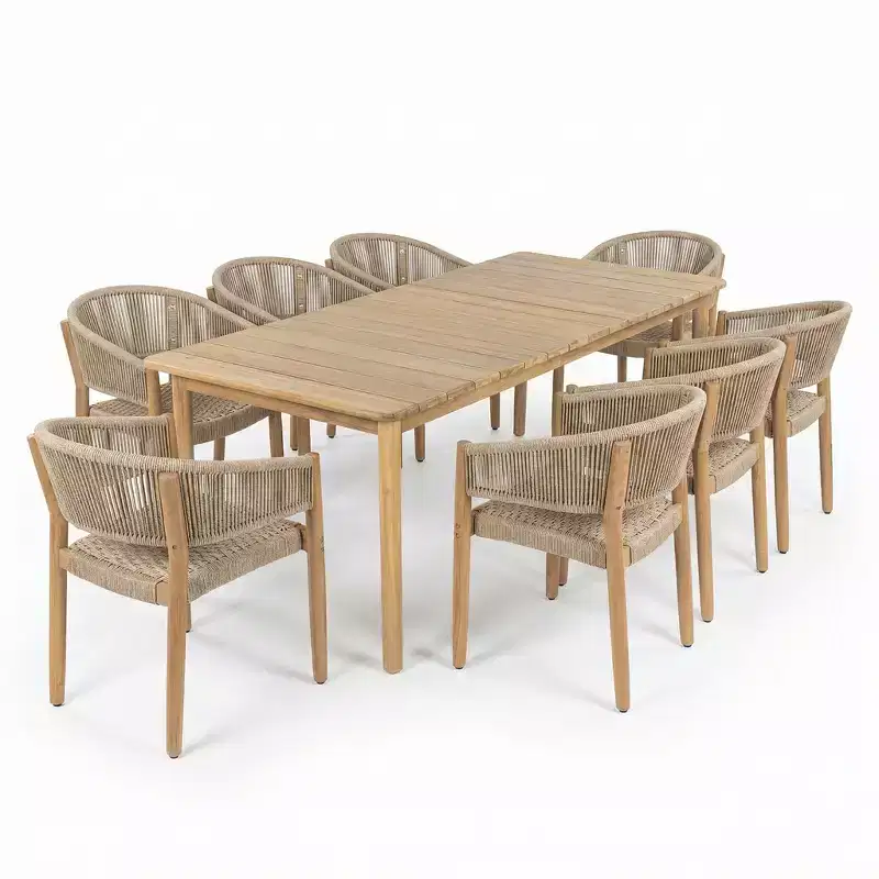 Christopher Knight Home Emeric Bohemian 9 Piece Outdoor Acacia Wood Rope Dining Seating with Slatted Table