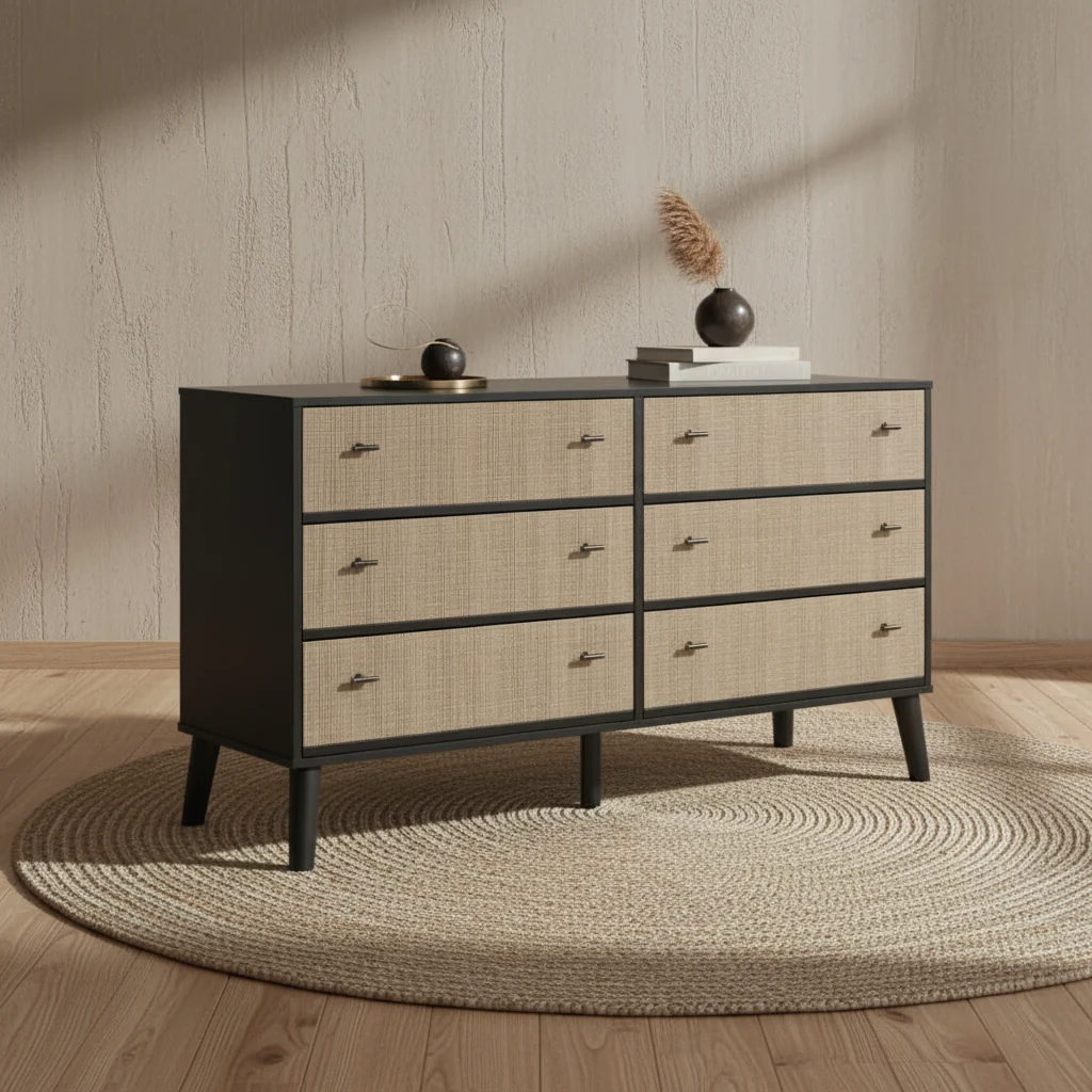 Bedroom 6-Drawer Dresser, 59W x 33.9H, Modern Mid-Century - Two-tone Black & Beige