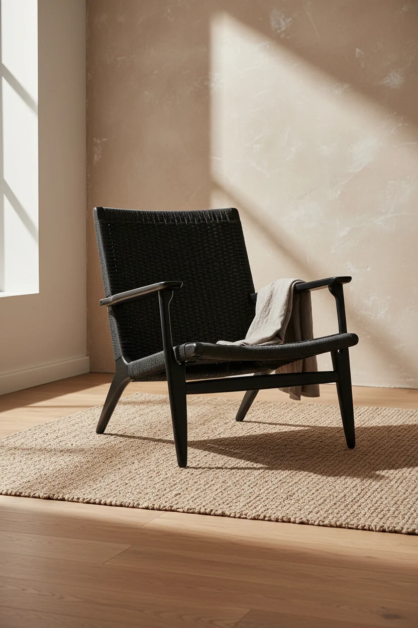 Scandinavian Solid Oak & Paper Cord Lounge Chair with Broad Armrests & Reclining Back for Living Room